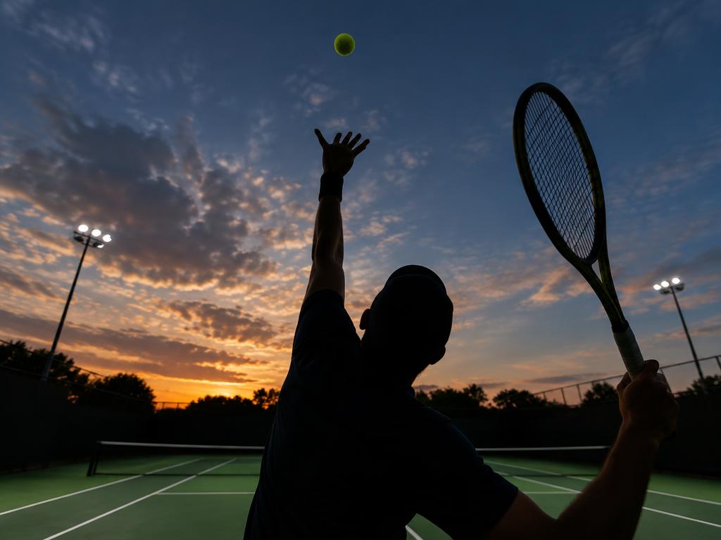 Adult tennis player tossing a serve at sunset
