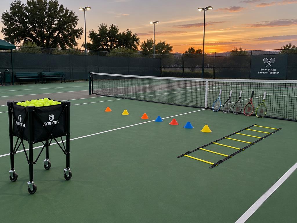 Tennis court set up with cones, ladder and ball cart for a group drill clinic