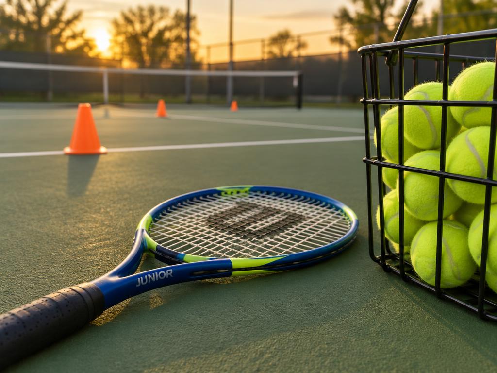 Junior tennis racquet and ball basket on an Indianapolis tennis court