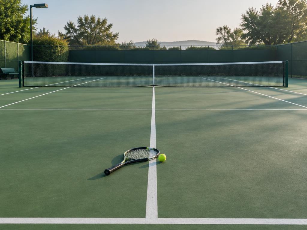 Tennis racquet and ball on an empty court ready for a private lesson